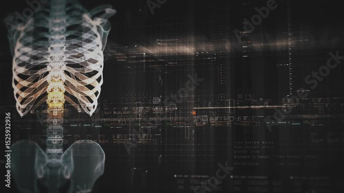 Futuristic biomedical concept with advanced holographic scanning and HUD diagnosing spinal disc herniation using 3D holograms of a patient’s backbone, AR, and real-time medical imaging