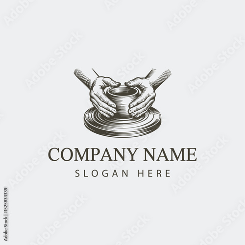 Engraved Illustration of Hands Shaping Clay on Pottery Wheel Artistic Craftsmanship Logo