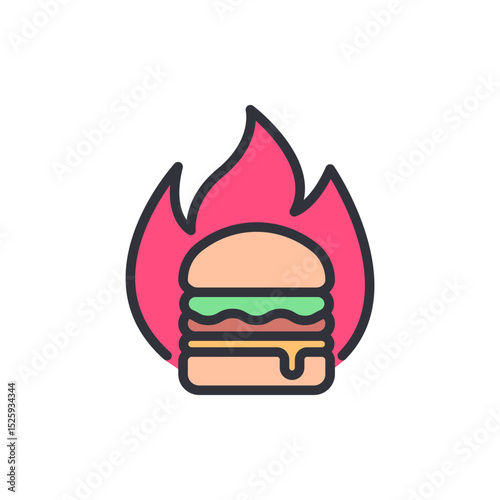 Cartoon Burger Engulfed In Flames On Transparent Presentation Style