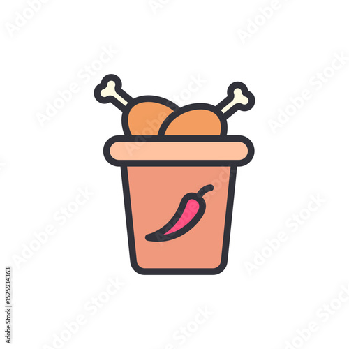 Spicy Fried Chicken In Bucket With Chili Pepper Illustration