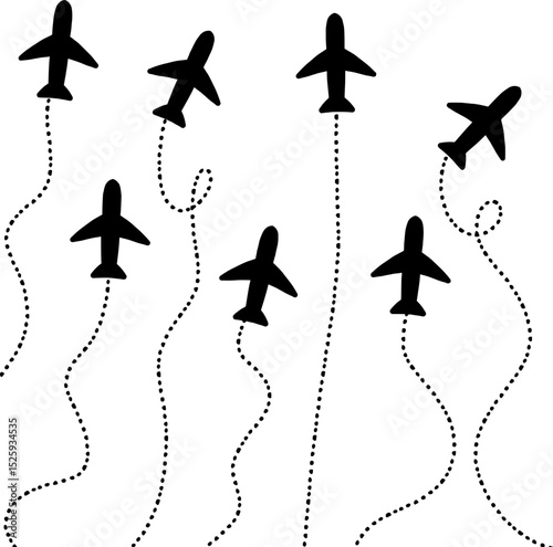displays an image of 7 airplane silhouettes with different paths