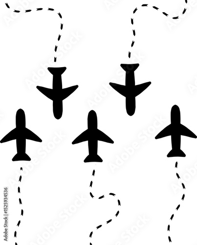 showing five silhouettes of planes that nearly collided with each other with a dotted line