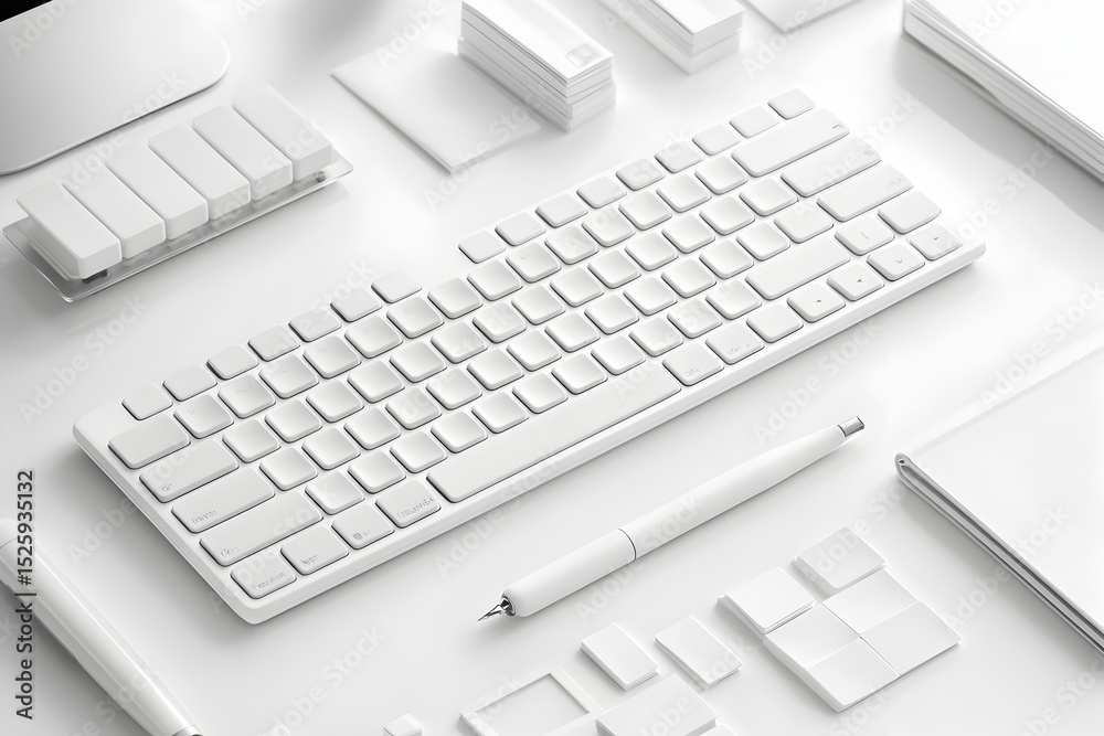 White wireless keyboard, sleek pen, sticky notes, and modern desk items neatly arrange. Suitable for bloghing wallpaper White wireless keyboard, sleek pen, sticky notes, and modern desk items neatly arrange. Suitable for bloghing wallpaper
