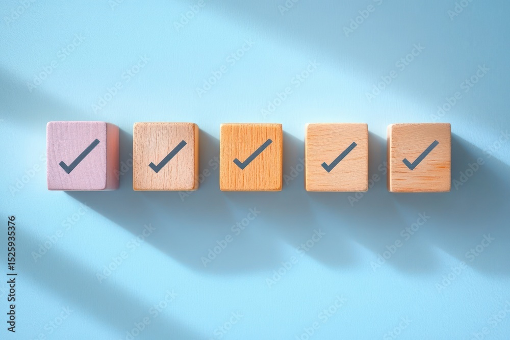 Obraz premium Five wooden blocks with check marks lined up on a light blue surface casting shadows, symbolizing completion and approval