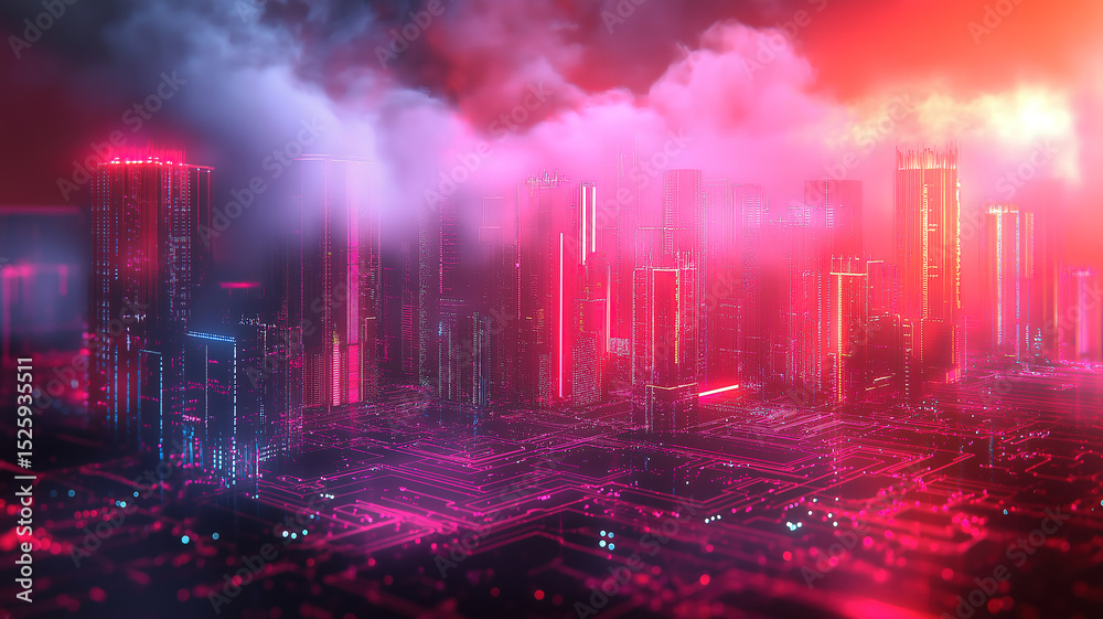 Fototapeta premium Technology concept with abstract cloud computing illustration and circuit board backdrop