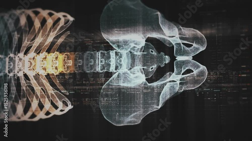 Futuristic biomedical concept with advanced holographic scanning and HUD diagnosing spinal disc herniation using 3D holograms of a patient’s backbone, AR, and real-time medical imaging