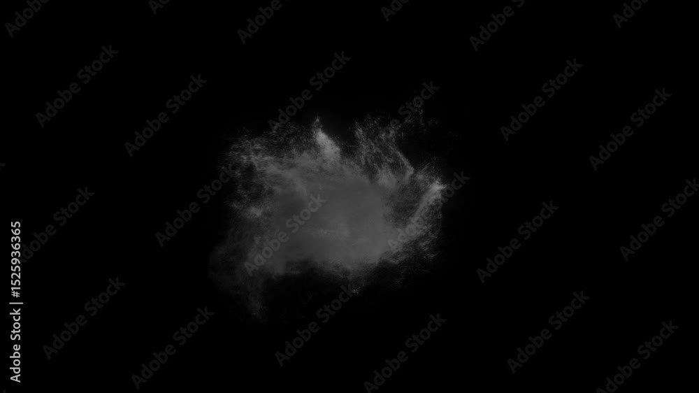 Amorphous cloud of turbulent white smoke with subtle inner light activity on black background. Abstract animation for mystical or weather effects