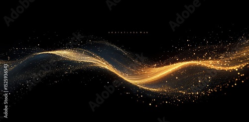 Dynamic flowing wave of golden particles and light streaks on black background conveying energy and motion