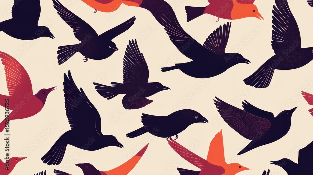 Fototapeta premium Flying Birds Seamless Pattern Dark Red Avian Art