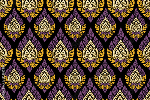 .Traditional Thai lotus pattern in gold and purple on black background, ideal for Asian textile prints, spiritual decor, temple wall art, and luxury ornamental fabric designs.