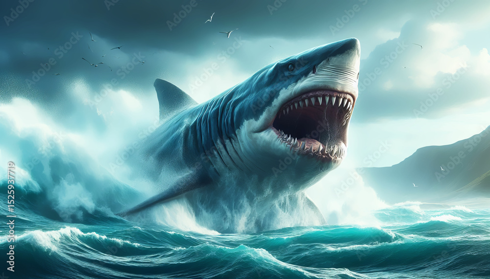 Obraz premium Megalodon, the ocean waves with powerful jaws