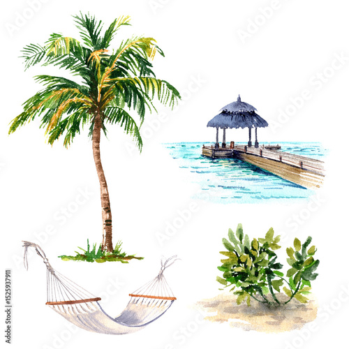 Fototapet watercolor set with elements for  tropic rest