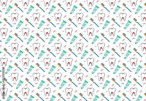  Dental care, Orthodontics Seamless Pattern . Dentist, Medical Equipment, Braces, Tooth Prosthesis, Floss, Caries Treatment, Toothpaste.
