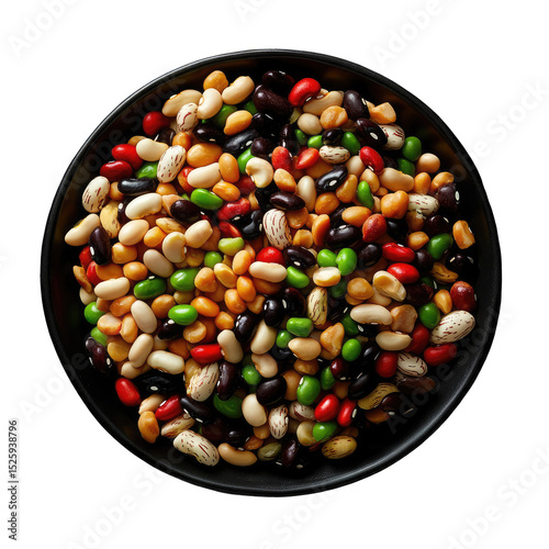 Colorful mix of beans in a dark bowl
