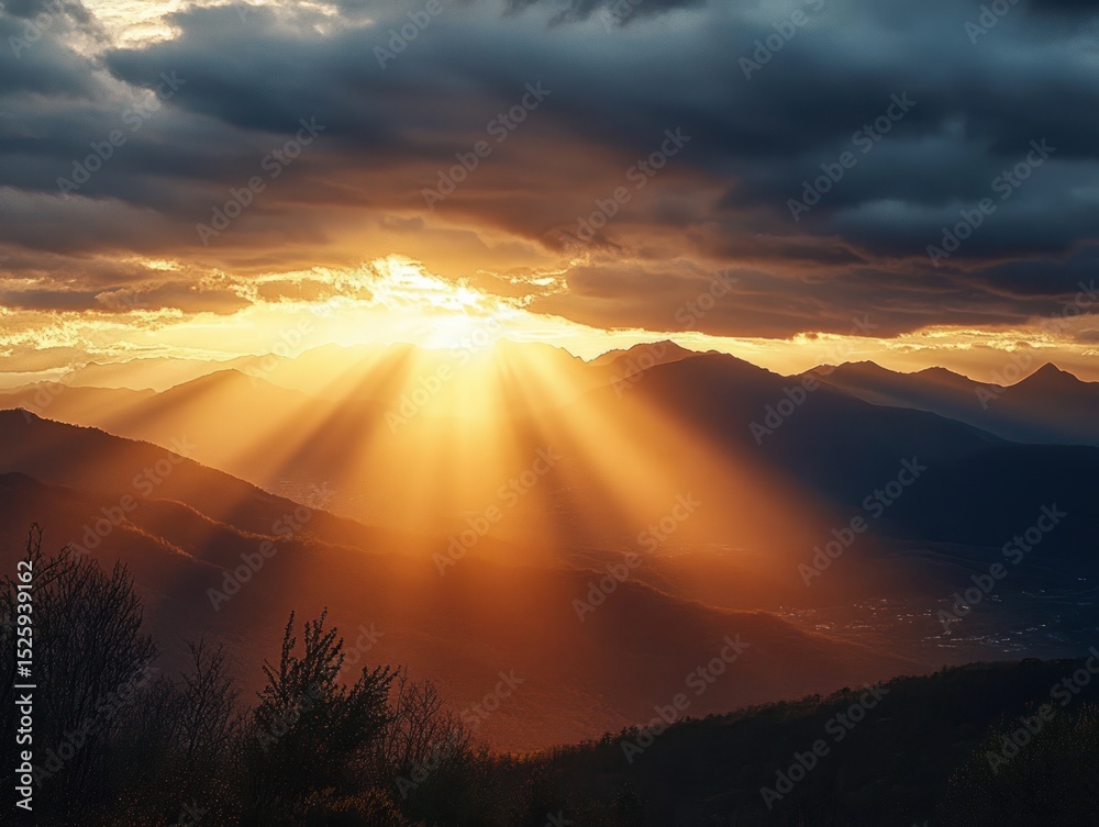 Golden sunlight beams piercing through dark clouds over mountain ridges with silhouetted trees in the foreground creating a serene and majestic sunset scene Golden sunlight beams piercing through dark clouds over mountain ridges with silhouetted trees in the foreground creating a serene and majestic sunset scene