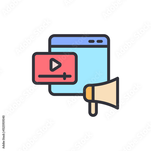 Promotional Video Launch With Web Browser And Loudspeaker Icon Concept