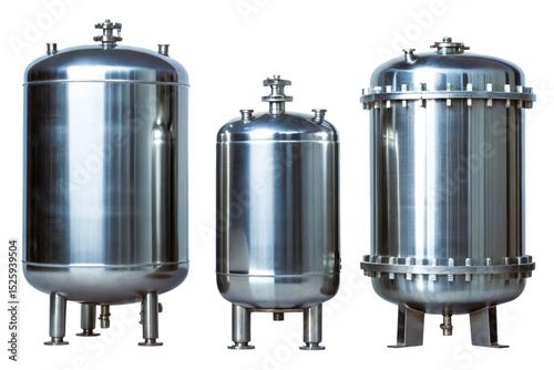 Industrial stainless steel tanks used for storage and processing isolated with transparent background