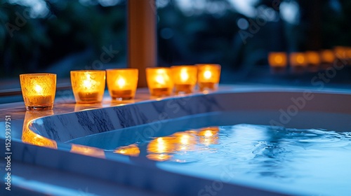 Tranquil outdoor bathtub scene at night, lit by candles. Water glows softly. Relaxing ambiance