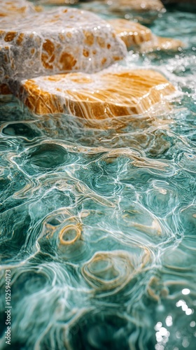 Tranquil water flowing over smooth stones, creating mesmerizing patterns and textures