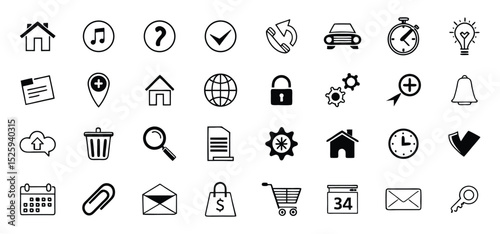 Collection of simple line art icons depicting various symbols related to technology communication and everyday life