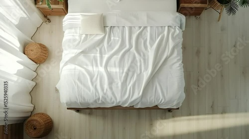 Top-Down View of a Minimalist Scandinavian Bedroom Featuring White Bedding, Natural Wood Accents, and Serene Simplicity