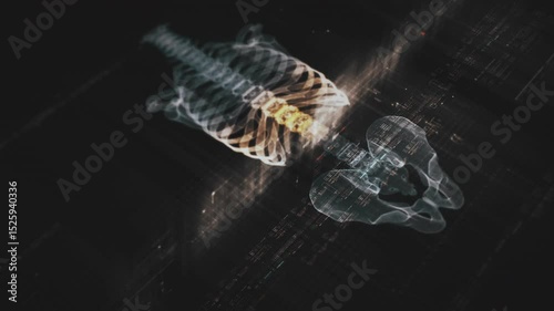 Futuristic biomedical concept with advanced holographic scanning and HUD diagnosing spinal disc herniation using 3D holograms of a patient’s backbone, AR, and real-time medical imaging