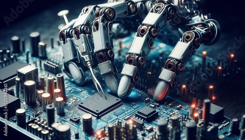 Robots assemble realistic technology circuit boards, macro view
