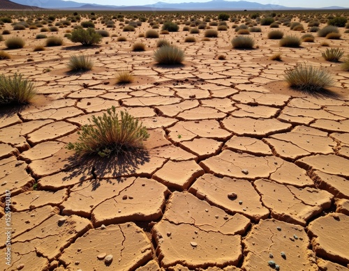 cracked mud and sunbaked earth stretching endlessly, few resilient bushes scattered, blazing sun casting short shadows, dry and lifeless wilderness.