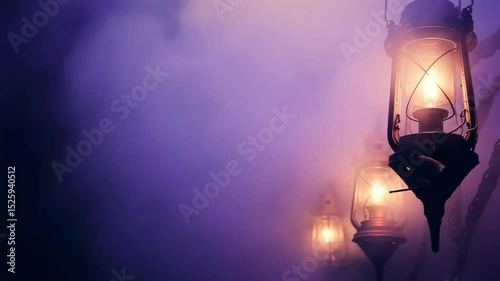 Enchanted Lantern Glow in Violet Mist: Vintage Lights Piercing Through Haunting Fog to Illuminate a Mysterious Halloween Night