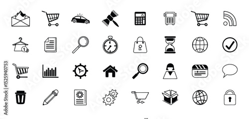 Collection of various modern black and white icons representing communication shopping and business elements
