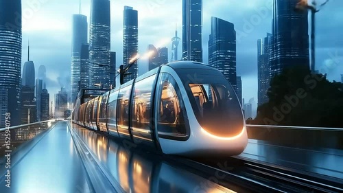Sleek Futuristic Tram Gliding Across a Contemporary City Bridge with Towering Skyscrapers