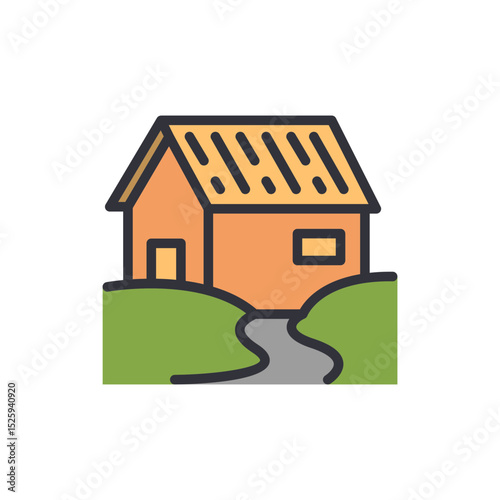Stylized House Icon On Green Hills With A Winding Pathway