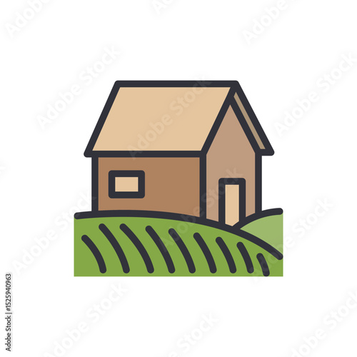 Isolated Cute Home In Green Fields Cartoon Design With Line Art