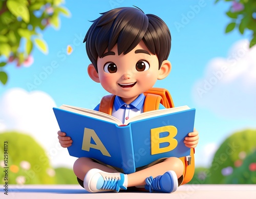 Cartoon boy reading book outdoors