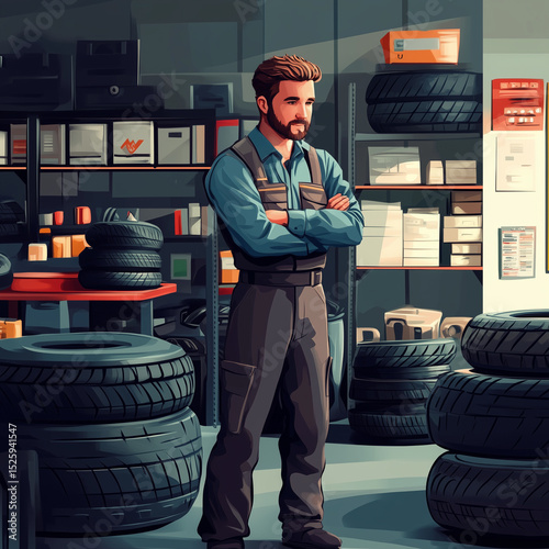 A man in a blue shirt stands in front of a pile of tires. He is wearing a blue shirt and a pair of overalls