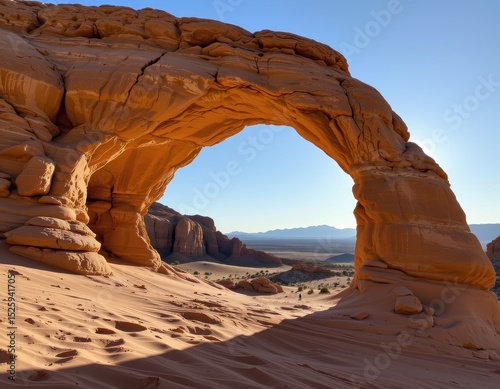 an eroded desert arch standing alone in the sun, sand swept into smooth patterns around its base, stillness captured in ancient stone.