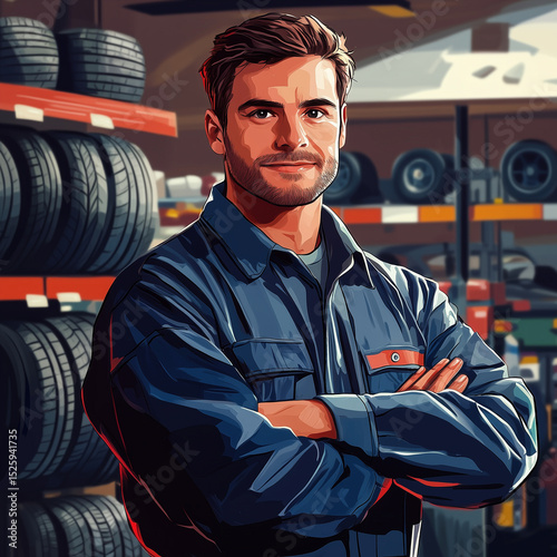 A man in a blue jacket stands in front of a rack of tires. He is smiling and he is proud of his work