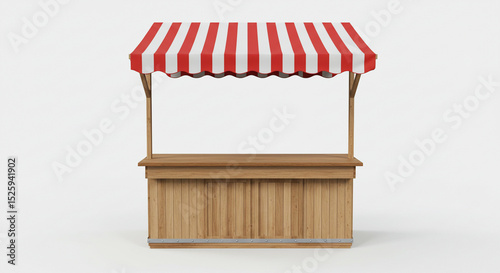 Traditional Wooden Market Stall with Red and White Striped Canopy on Isolated Background