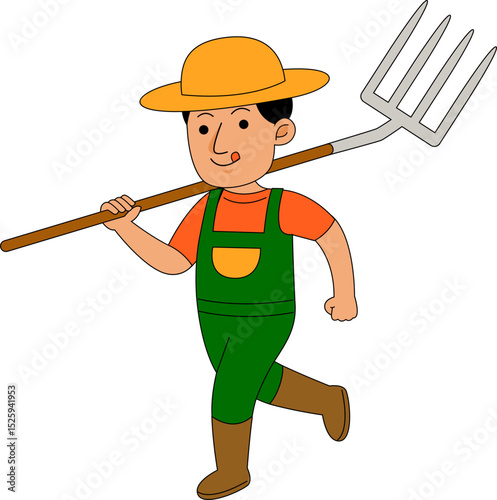 Illustration of Cartoon Farmer with Pitchfork