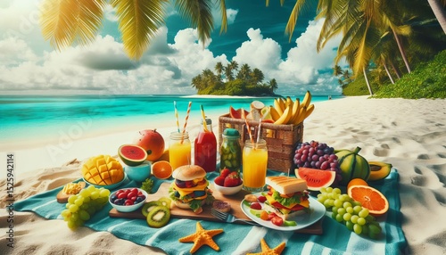 Tropical beach with fresh fruits and sandwiches