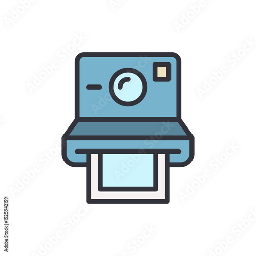 Instant Camera With A Photo Emerging In Light Blue Tones