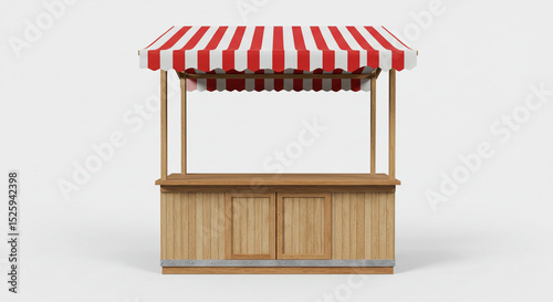 Versatile Market Booth Illustration, Wooden Market Stall with Red and White Striped Canopy on Isolated Background