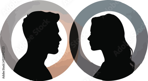 Silhouettes of Man and Woman in Profile Within Circular Frames

