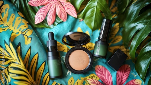 Tropical leaves surround cosmetics; foundation, serum, and lipstick displayed on patterned fabric