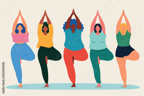 colourful illustration of Diverse group of people practicing yoga in a group class