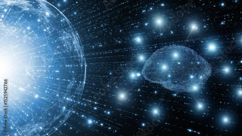 Futuristic cyberspace sphere with digital human brain and lights rotation.