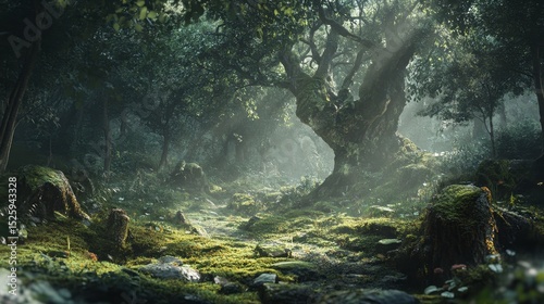 Enchanting Mossy Forest Path  Sunlit Trees  Mystical Woods