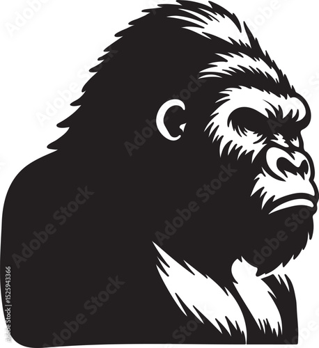 Powerful Gorilla Face Illustration in Black and White Silhouette Style