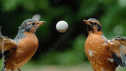 Two birds face each other, wings slightly outstretched, with a small white object suspended between them against a blurred green background