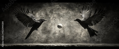 Two birds in flight, facing each other,  centered around a small, bright orb against a dark, textured background. Monochrome image